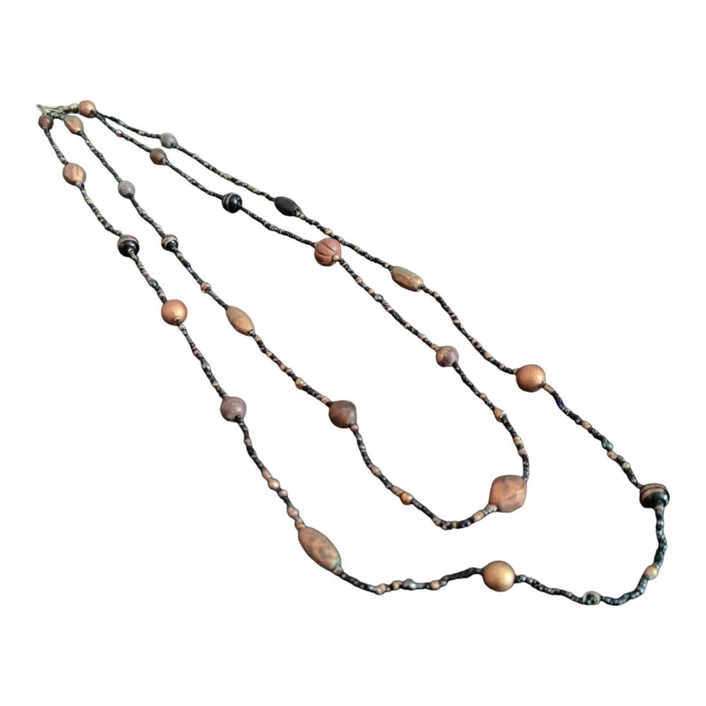 VTG Double Strand Black/Copper Tone Necklace Beaded Mixed Materials Handmade